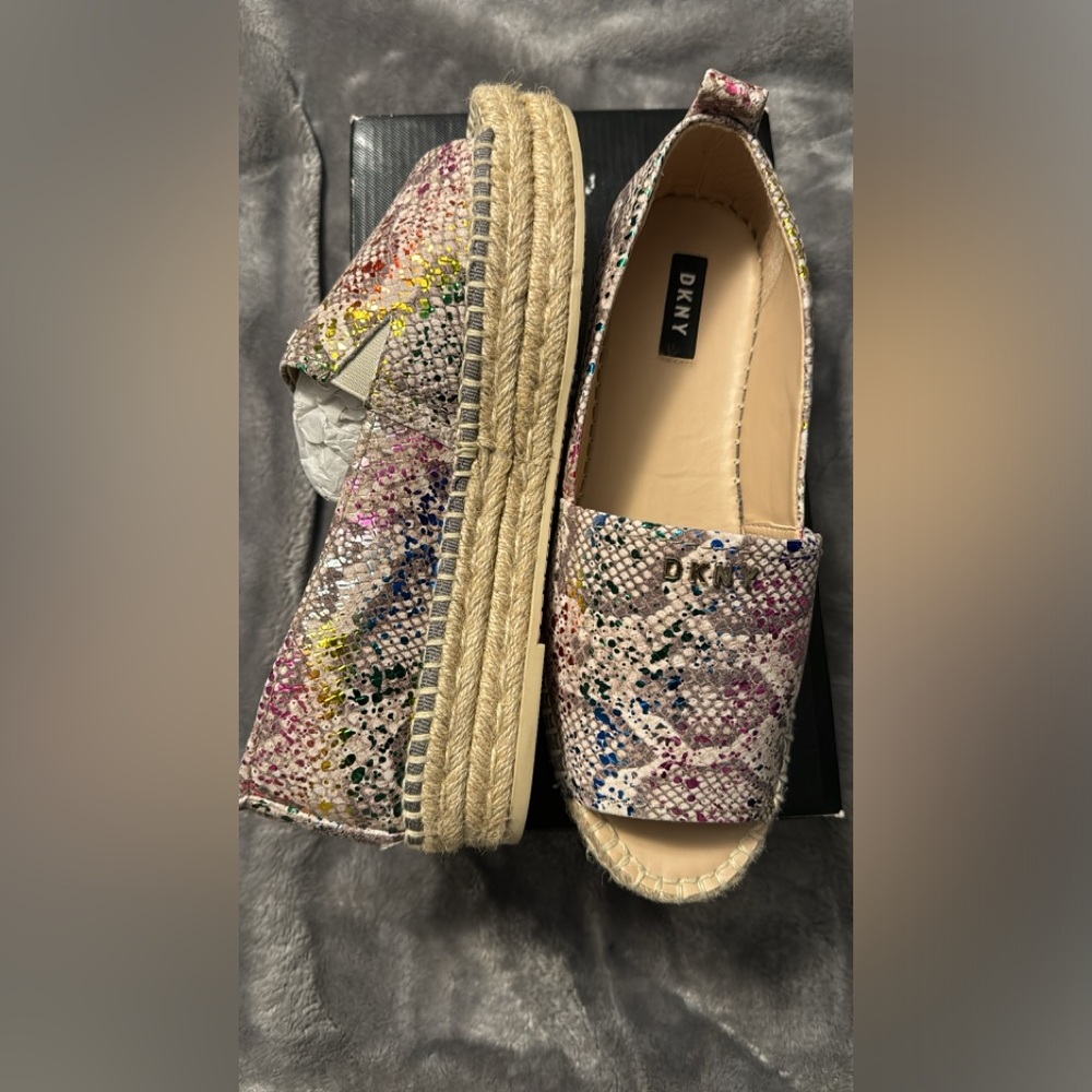 DKNY embossed snake print leather espadrilles.